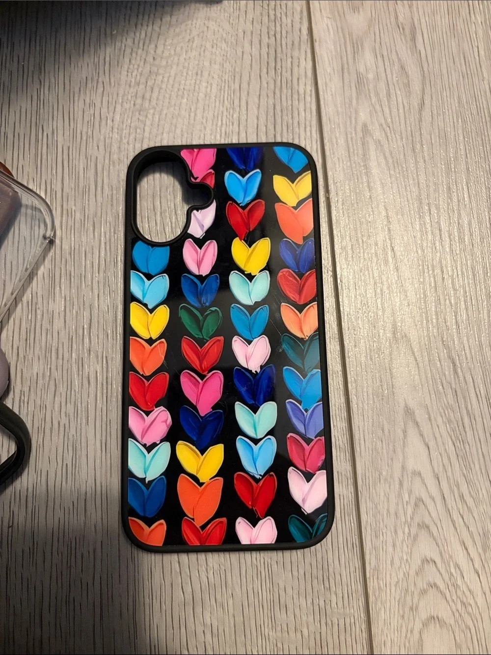 Colorful Heart Pattern Black Phone Case - Multicolor